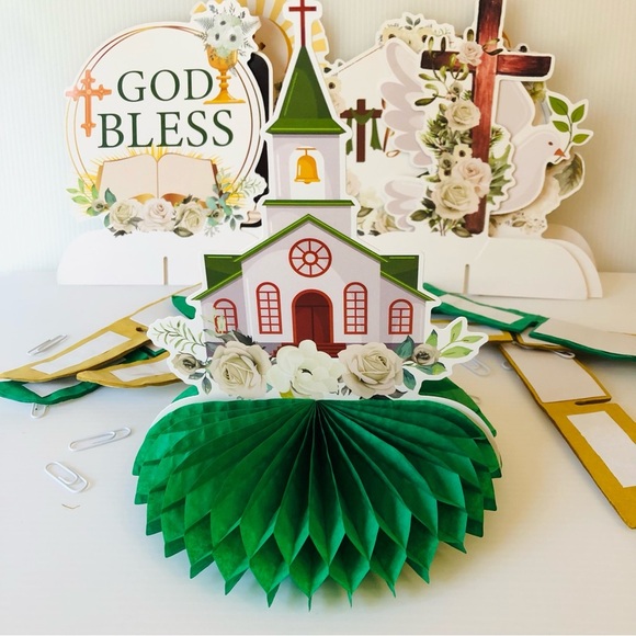 9 Piece First Communion/Baptism Decorations Honeycomb Centerpieces Table Décor - Picture 2 of 9